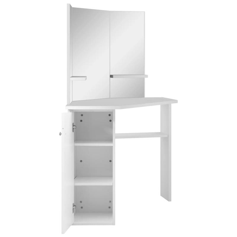 White Modern Corner Makeup Vanity Table with Oak Veneer - Space-Saving Curved Design, Easy Assembly, 3.2 Cu Ft, Low-Profile Height (<68.58cm) Freestanding Dressing Table for Small Bedrooms & Dressing Rooms (Engineered Wood)
