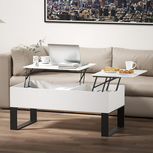 Verstelbare Salontafel – Multifunctionele Tafel – Opbergtafel – Liftbare Koffietafel – Uitklapbare Tafel – Hoogte Verstelbaar – Ruime Verborgen Opslag – Modern Wit 100x50x40 cm