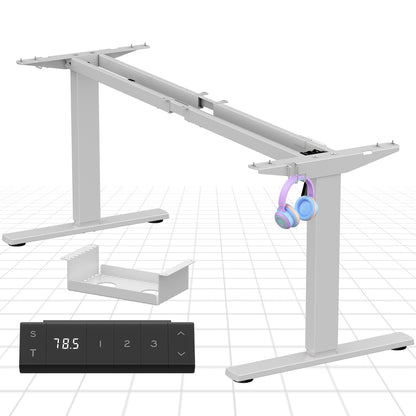 In hoogte verstelbaar bureauframe – Zit sta bureauframe – Verstelbaar bureau onderstel – Ergonomisch bureau frame – Bureauonderstel met beensteun – Verstelbare hoogte 73-122 cm – Verstelbare lengte 80-140 cm – Robuust grijs ijzer