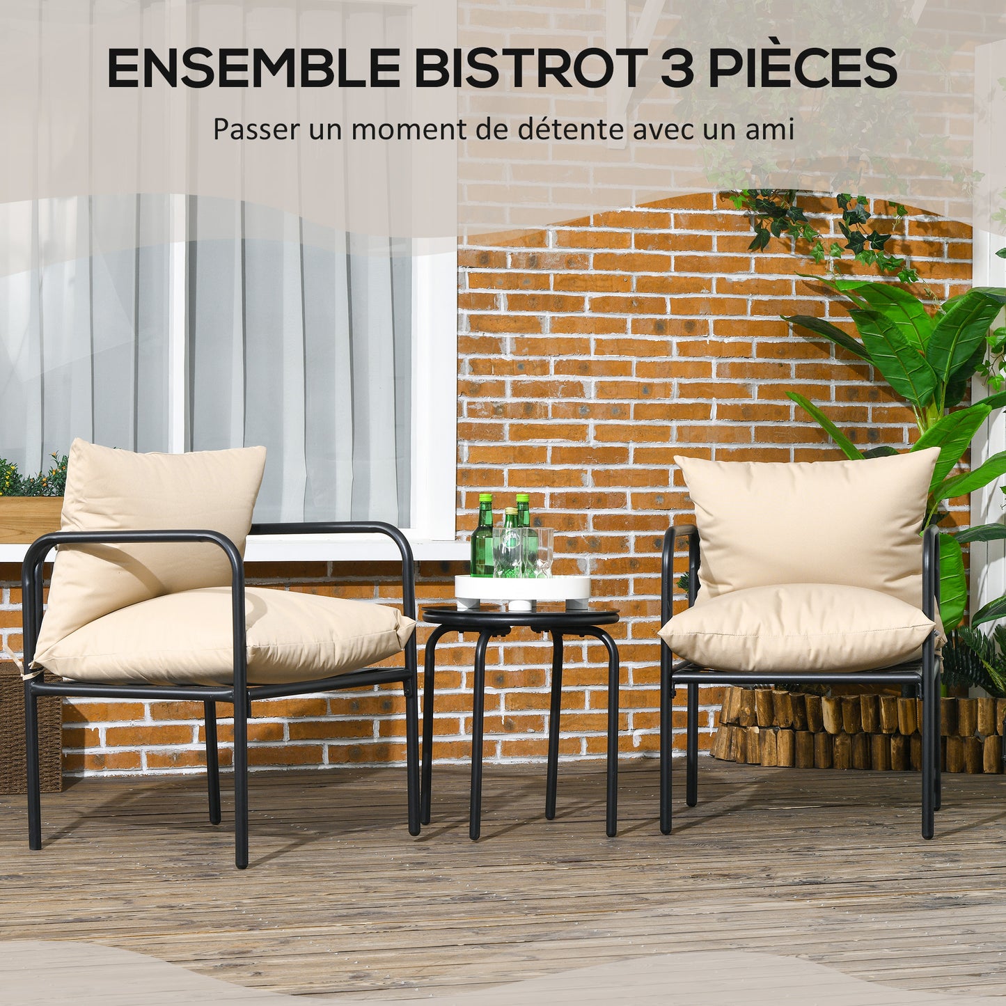 Tuinset – Bistroset – Terrasmeubels – Balkonset – Buitenmeubilair – Zwart Beige Design – Met Metalen Frame