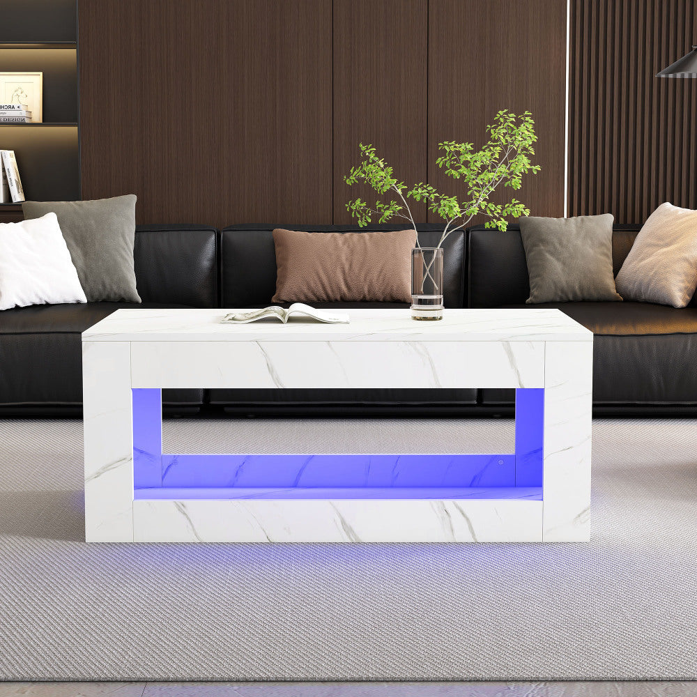 Salontafel – Koffietafel – Woonkamertafel – Bijzettafel – Tafel – Modern Design – Marmerprint Blad Met Blauwe Plank – Direct Gebruiksklaar
