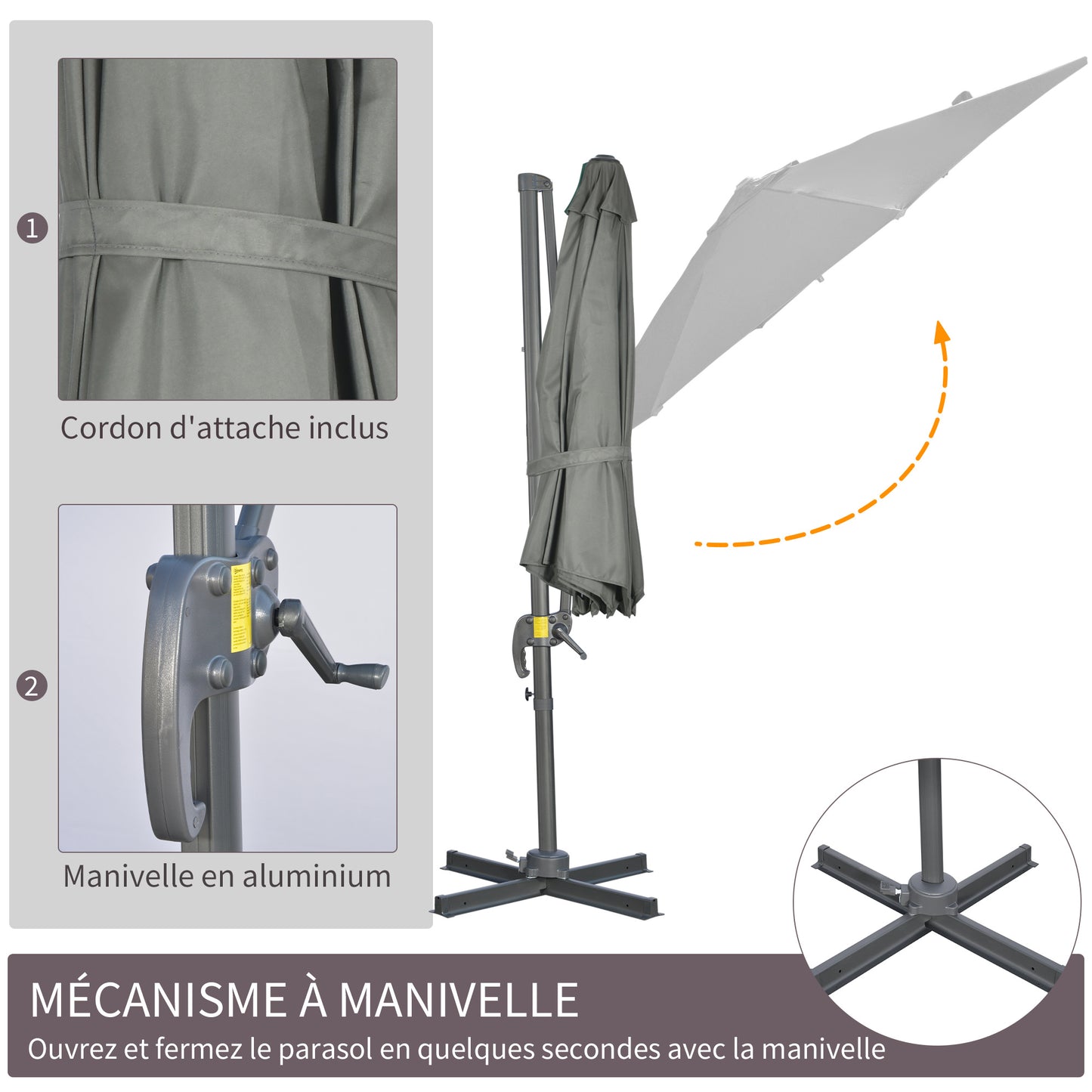 Offset Parasol – Hangparasol – Tuinparasol – Balkonparasol – Zonneparasol – 3 Meter Ø – Kantelbaar en 360° Draaibaar – Grijs Polyester Met Stalen Voet