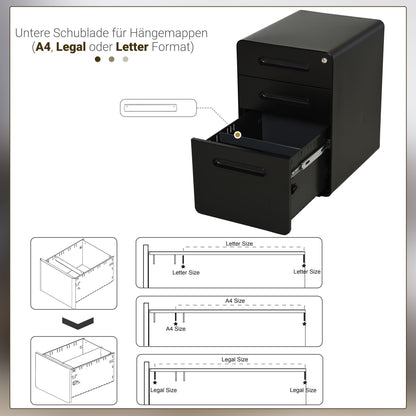 Ladeblok – Ladekast – Rolcontainer – Opbergkast – Archiefkast – Met Slot – Koudgewalst Staal – 39x48x59 cm – Zwart