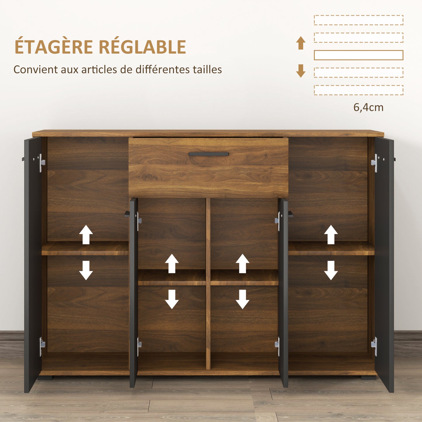 Buffetkast – Dressoir – Opbergkast – Kast – Sideboard – Bruin Zwart Kleurblok – 4 Kasten Met Lade En Verstelbare Planken – Afmetingen 120x35x85 cm