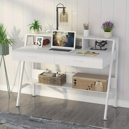 Bureau – Bureautafel – Computertafel – Werkplek – Schrijftafel – Wit Hout – Met Opbergruimte en Monitorstandaard – 120 cm Breed