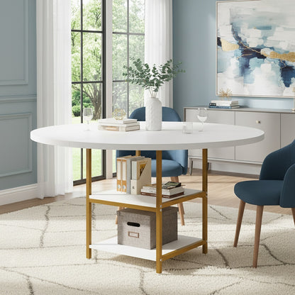 Bureau – Bureautafel – Computertafel – Werkplek – Office Desk – Wit met Gouden Accenten – Rond 120 cm – 2-laags Opbergruimte