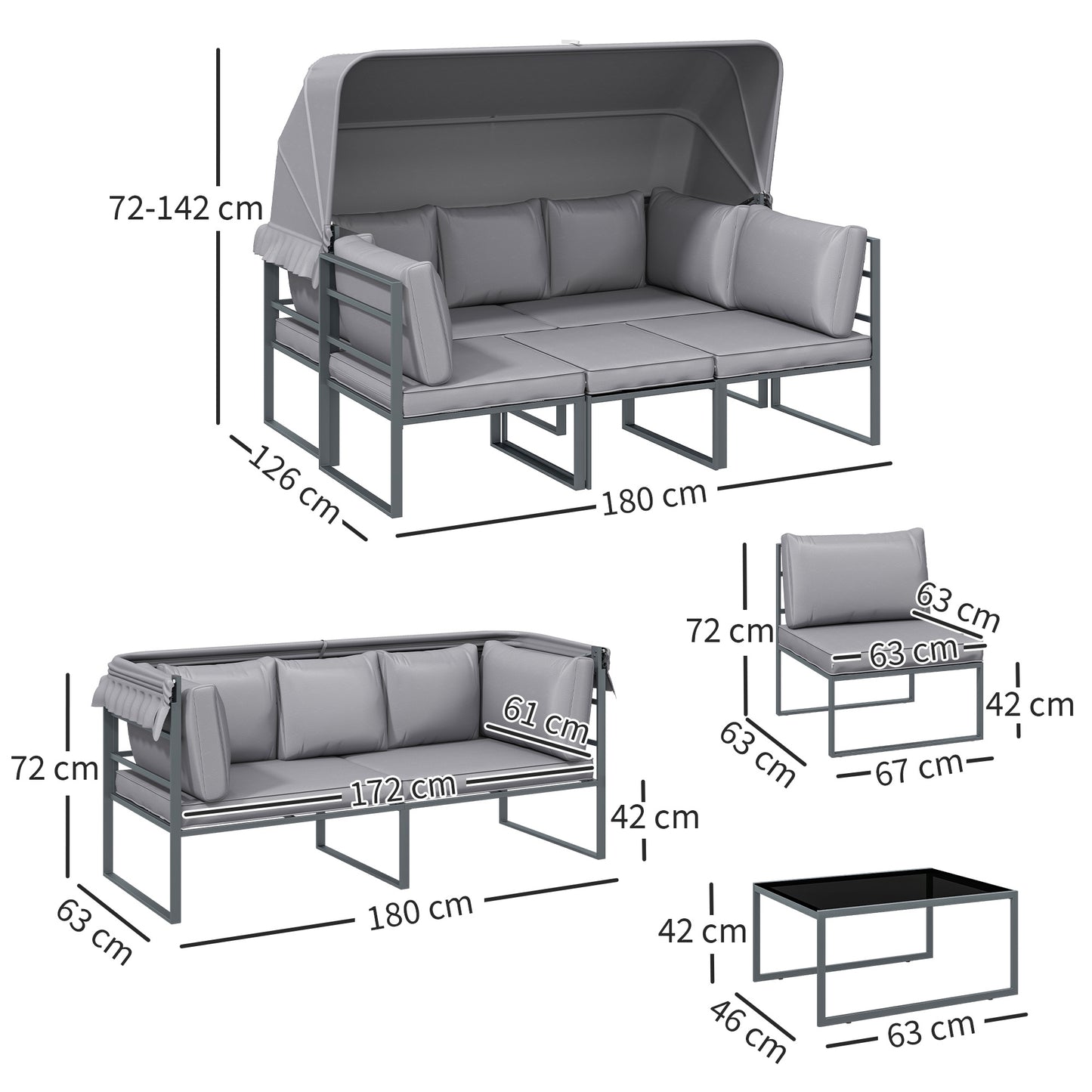 4-delige Modular Tuinmeubelset – Tuinbank – Tuinstoelen – Loungeset – Balkonmeubels – Grijs – Met Zonneluifel – Veilig Gehard Glas Tafelblad