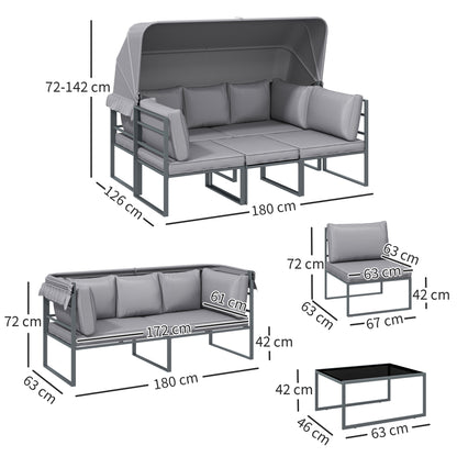 4-delige Modular Tuinmeubelset – Tuinbank – Tuinstoelen – Loungeset – Balkonmeubels – Grijs – Met Zonneluifel – Veilig Gehard Glas Tafelblad