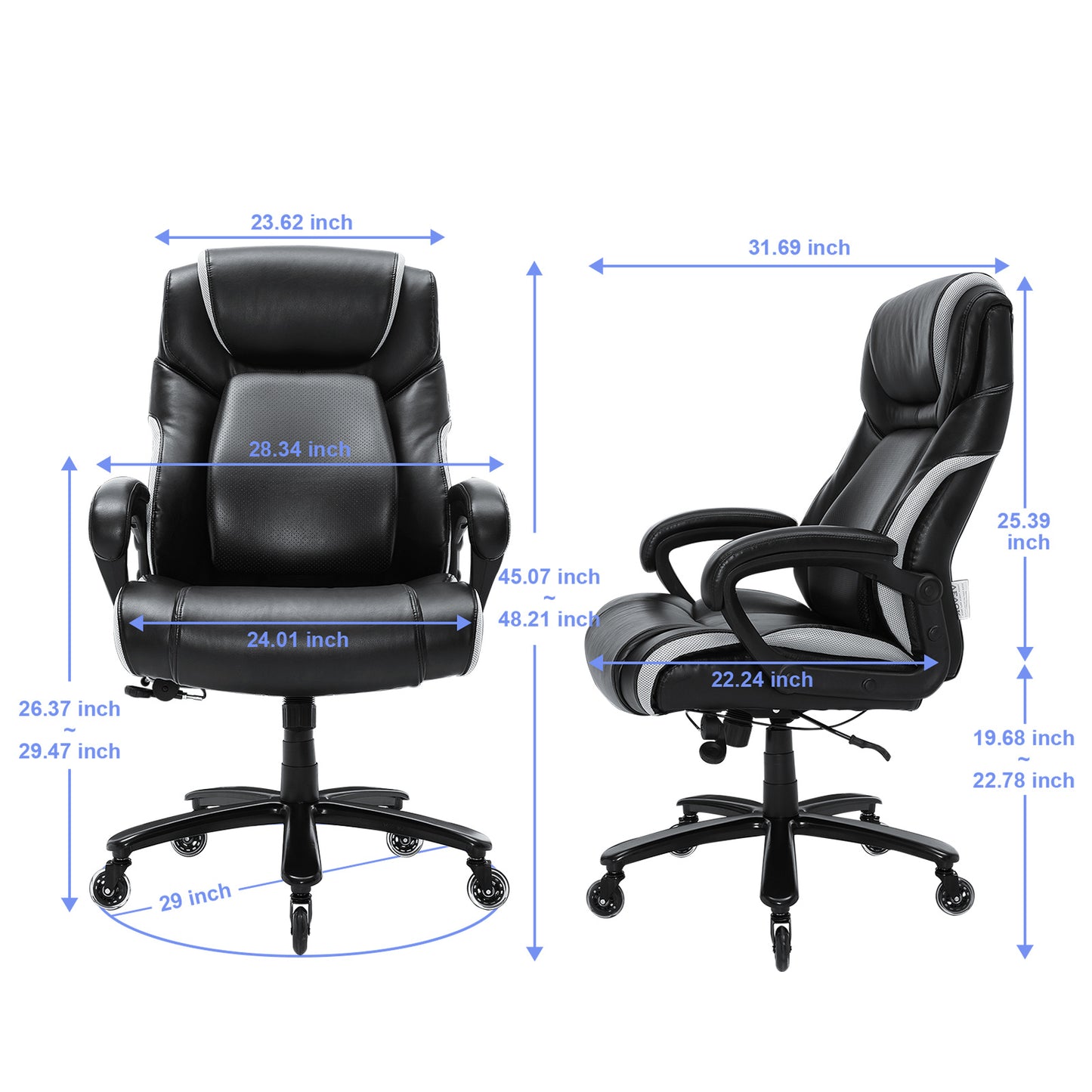 Ergonomische Bureaustoel – Bureaustoel Draaistoel Kantoorstoel Werkstoel Bureaustoel Met Lendensteun – Zwart – Verstelbare Rugondersteuning – Dikke Waterfall Zitting
