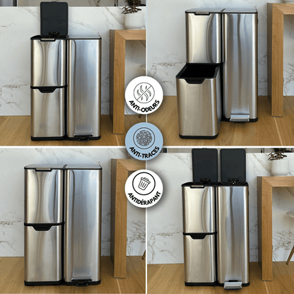 Prullenbak – Afvalbak – Afvalemmer – Pedaalemmer – Vuilnisbak – 60 Liter – Drie Compartimenten – RVS Geborsteld