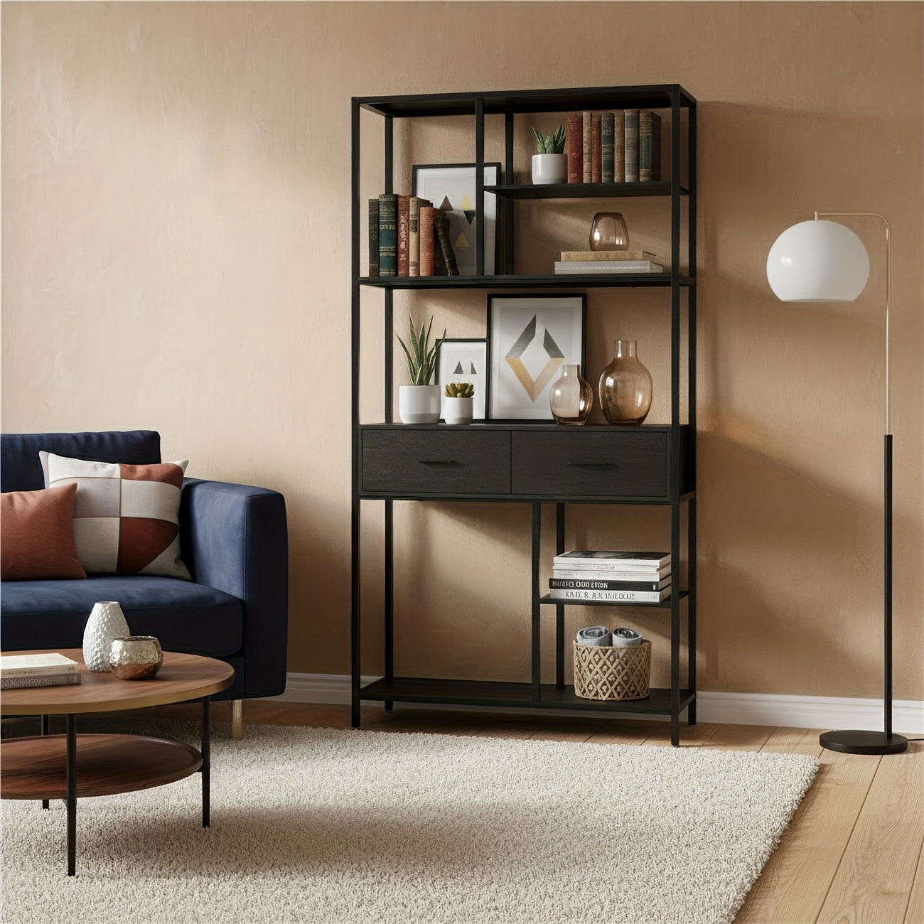 Boekenkast – Boekenplank – Opbergkast – Rek – Ladenkast – Hoog 5-laags Design – Metaal & MDF Frame