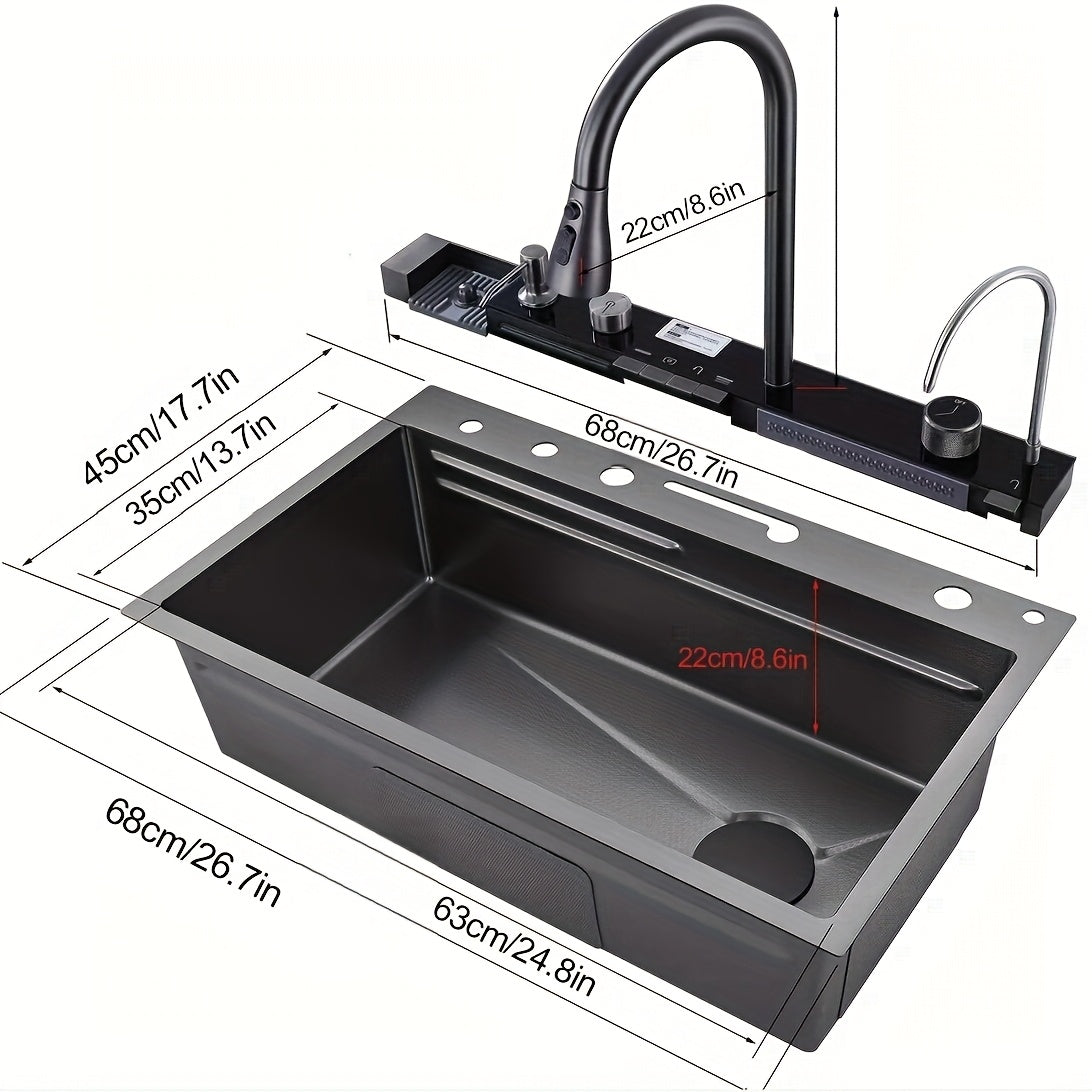 Deluxe Stainless Steel Kitchen Sink - Large Single Basin With Waterfall Feature, Thickened For Durability, Faucet Included - Modern Gunmetal Grey Design. Honeycomb Nano Protective Coating.