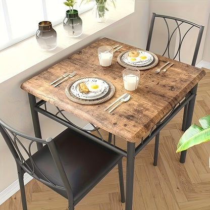 Compact Eettafel Set – Kleine Eetkamer Tafel – Bistro Set – Keukentafel Voor 2 Personen – Vintage Retro Stijl – Metaal En MDF – Padded Stoelen & Stevige Frame – Bruine Houtnerf Afwerking