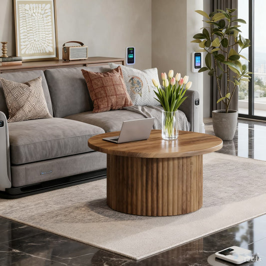 Salontafel – Woonkamertafel – Koffietafel – Bijzettafel – Ronde Tafel – Houtnerf Spaanplaat Tafelblad – Met Stabiel Metaal Onderstel – Ø80 cm – Ruimtebesparend Design