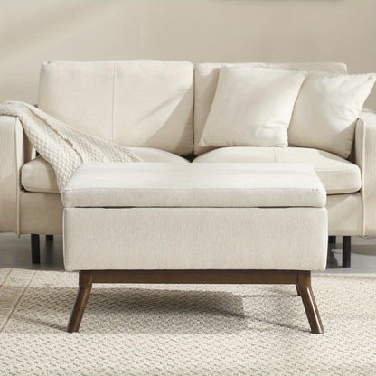 Opbergpoef – Opbergbox – Zitkussen – Poefbank – Voetenbank – Beige – Mid-Century Modern – Microvezel Bekleding – Houten Frame – Ruime Opbergruimte – Lichtgewicht & Compact