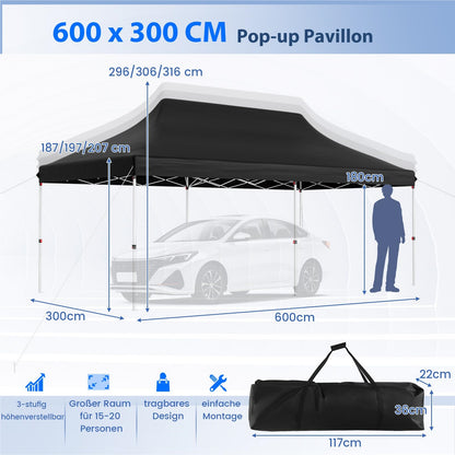 Vouwpaviljoen – Partytent – Tuinkamer – Evenemententent – Tentenhal – 3x6m – Waterbestendig en UV Bescherming 50+ – Hoogte Verstelbaar – Zwart