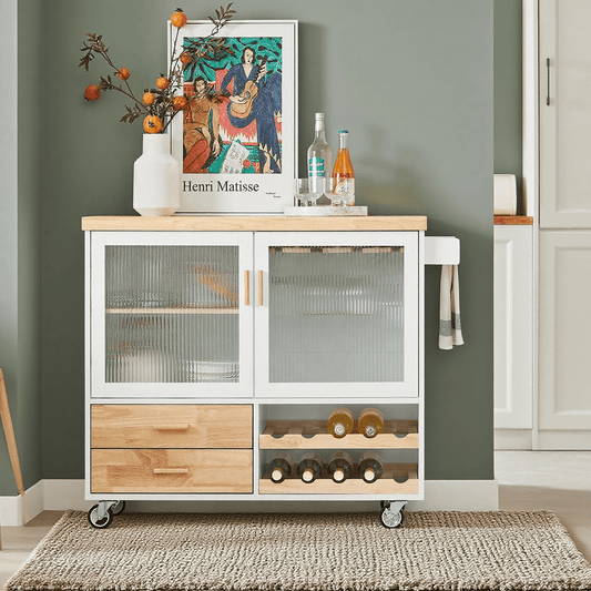 Mobile Kitchen Cart with Wooden Worktop - Central Island Kitchen Furniture for Dining Room, Green and Natural Storage Kitchen Cabinet, 109 × 40 × 92 cm, FKW114-GR, SoBuy