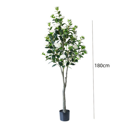 2pcs Artificial Camellia Tree with Realistic Trunk & Lush Green Leaves - 150cm/180cm Tall Fake Plants with White Flowers, All-Season Indoor/Outdoor Silk & Plastic Trees in Black Pots for Home, Office, Porch, Patio - Low Maint