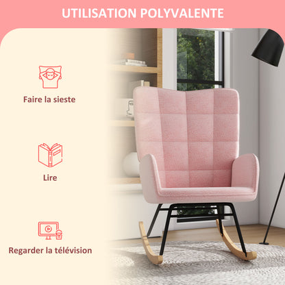 Schommelstoel – Relaxstoel – Rocking Chair – Armstoel – Retro Fauteuil – Massief Houten Frame – Zachte Roze Bekleding – 98x71x101 cm