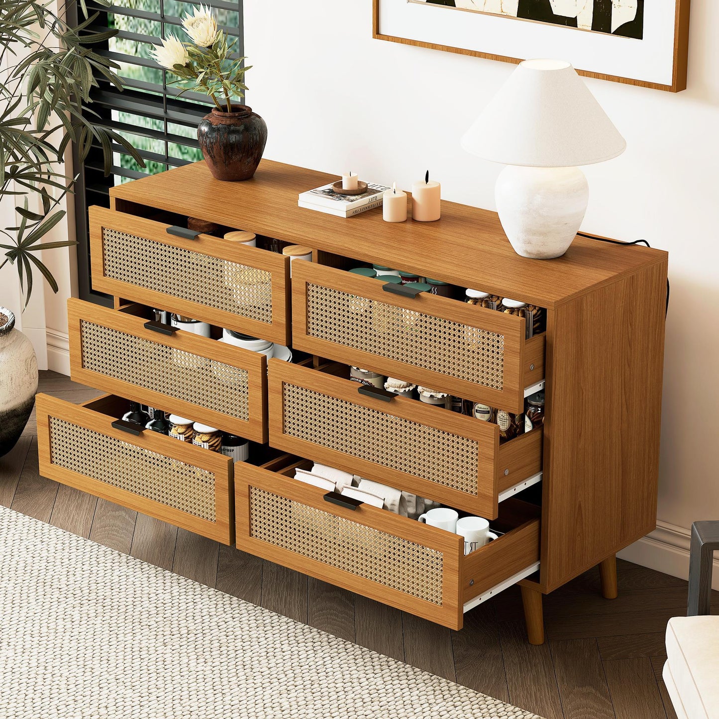 Ladekast – Ladenkast – Dressoir – Opbergkast – Kast – Walnootkleurige MDF Ladekast Met 6 Lades – Metalen Handgrepen – Massief Houten Poten – Retro Design – Geen Montage Nodig