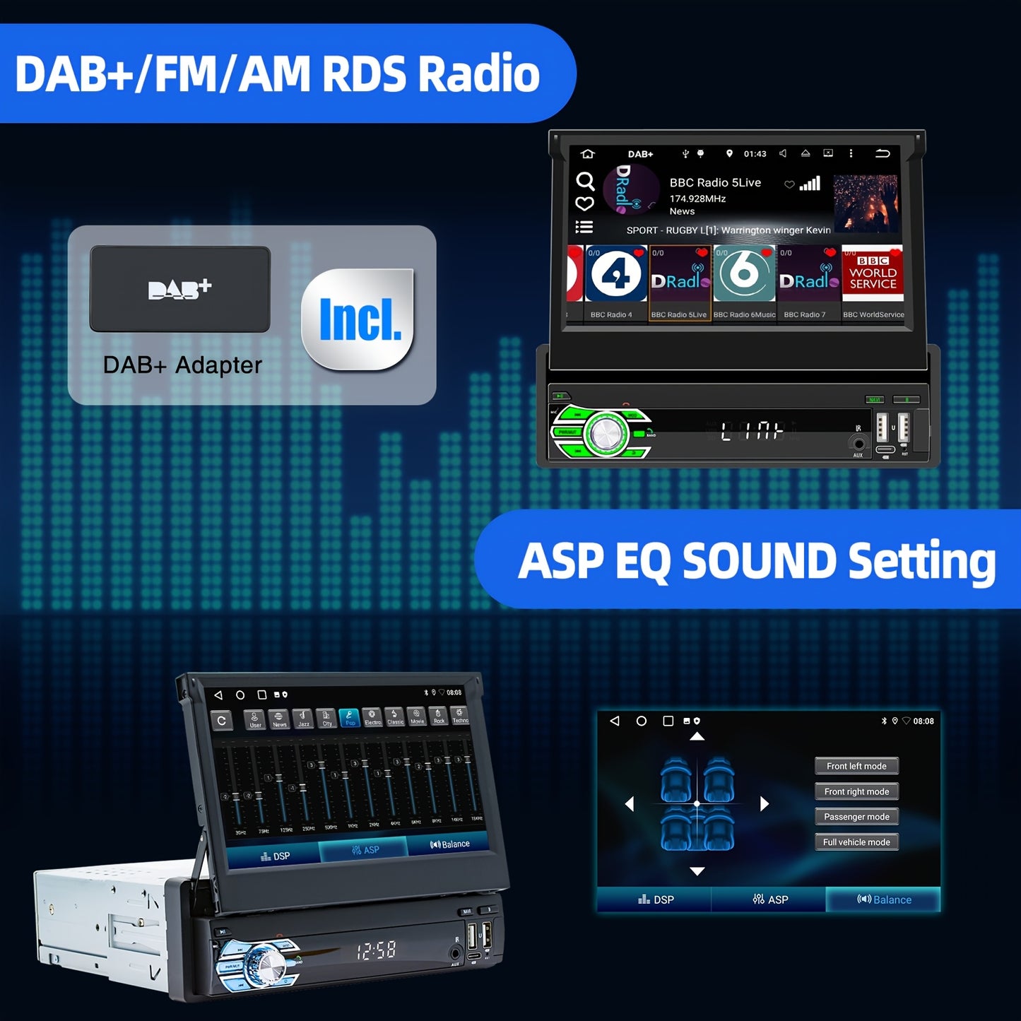 Autoradio 7 Inch – Android Auto – DAB+ Radio – Touchscreen Autoradio – Multimedia Systeem – Met Achteruitrijcamera & Microfoon – Android 15 Systeem – Uitschuifbaar IPS Scherm
