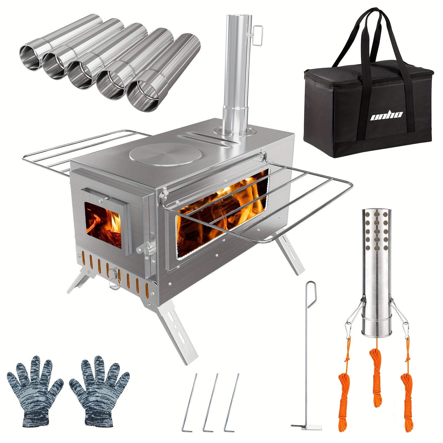 Draagbare Houtkachel – RVS Kachel – Kampeer Kachel – Backpack Kachel – Outdoor Kachel – Roestvrij Staal – Compact & Inclusief Accessoires – Silvery