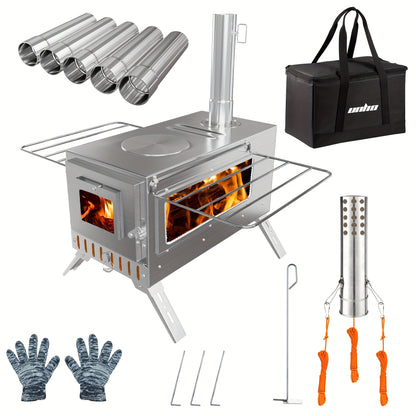 Draagbare Houtkachel – RVS Kachel – Kampeer Kachel – Backpack Kachel – Outdoor Kachel – Roestvrij Staal – Compact & Inclusief Accessoires – Silvery