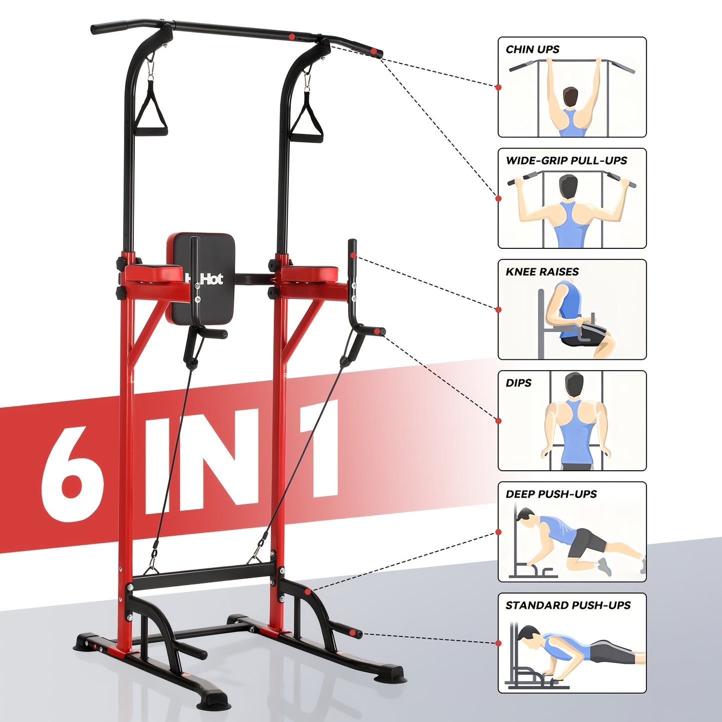 Verstelbare Pull-Up Bar Stand – Optrekstang – Klimrek – Fitnessrek – Trainingsrek – Zwart Rood – Verstelbare Hoogte 140-190 cm – Stevig Staal 120 kg Belastbaar