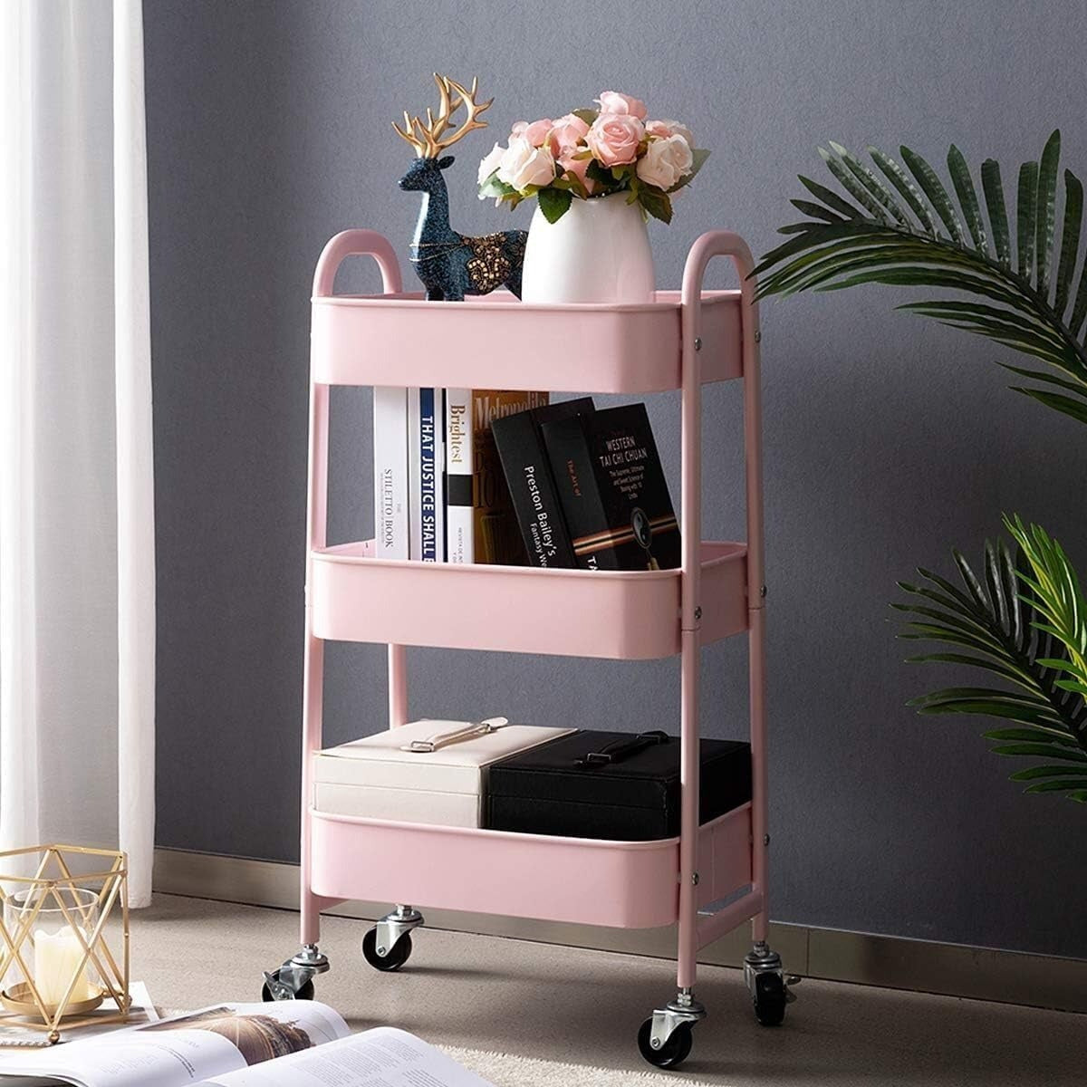 Keukentrolley – Serveerwagen – Opbergtrolley – Werkplek Trolley – Keukenwagen – Roze – 3 Niveaus – Compact 43x30x76,5 cm – Met Wieltjes
