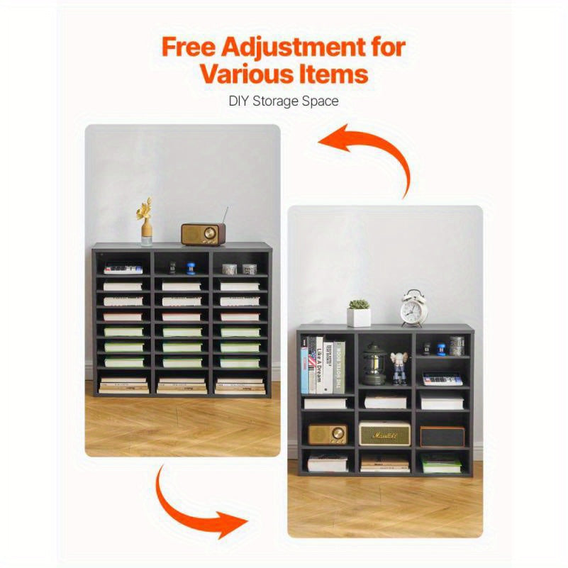 Houten Organizer – Boekhouder – Tijdschrifthouder – Documentenrek – Opbergmeubel – 24 Verstelbare Planken – Grijs Fiberboard – Compact & Duurzaam