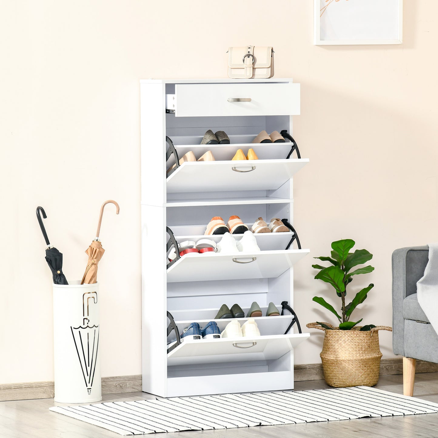 Schoenenkast – Schoenrek – Schoenopberger – Schoenmeubel – Opbergkast – Wit – Aluminium Handgrepen – 18 Paar Schoenen – Vouwdeuren Met Schuiflade