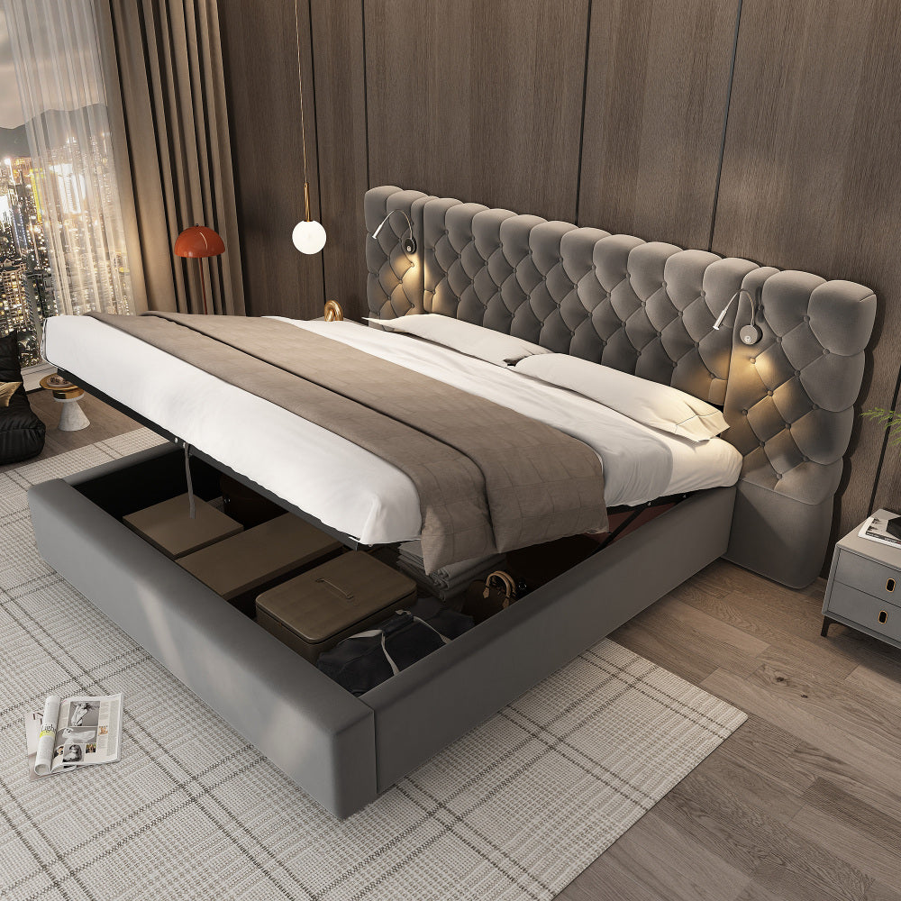 Bedkasten – Nachtkastje – Bijzettafel – Ladekast – Opbergkast – Tweepersoonsbed 160x200 cm – Hydraulisch Liftsysteem – Ruime Opbergruimte – Modern Grijs