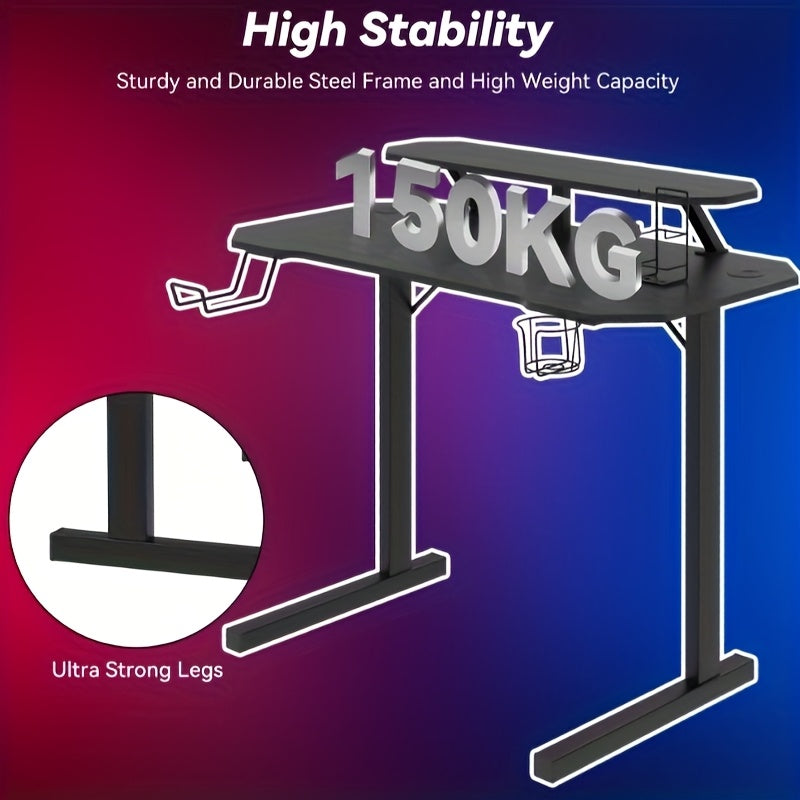 100x55x75cm Carbon Fiber Gaming Desk - Ergonomic Design with Dual Monitor Stand, Cup Holder & Headphone Hook, Multi-Platform Setup for PC, Laptop, Game & Office - Black Polished Metal, Ergonomic Office Desk, Sleek Workstation