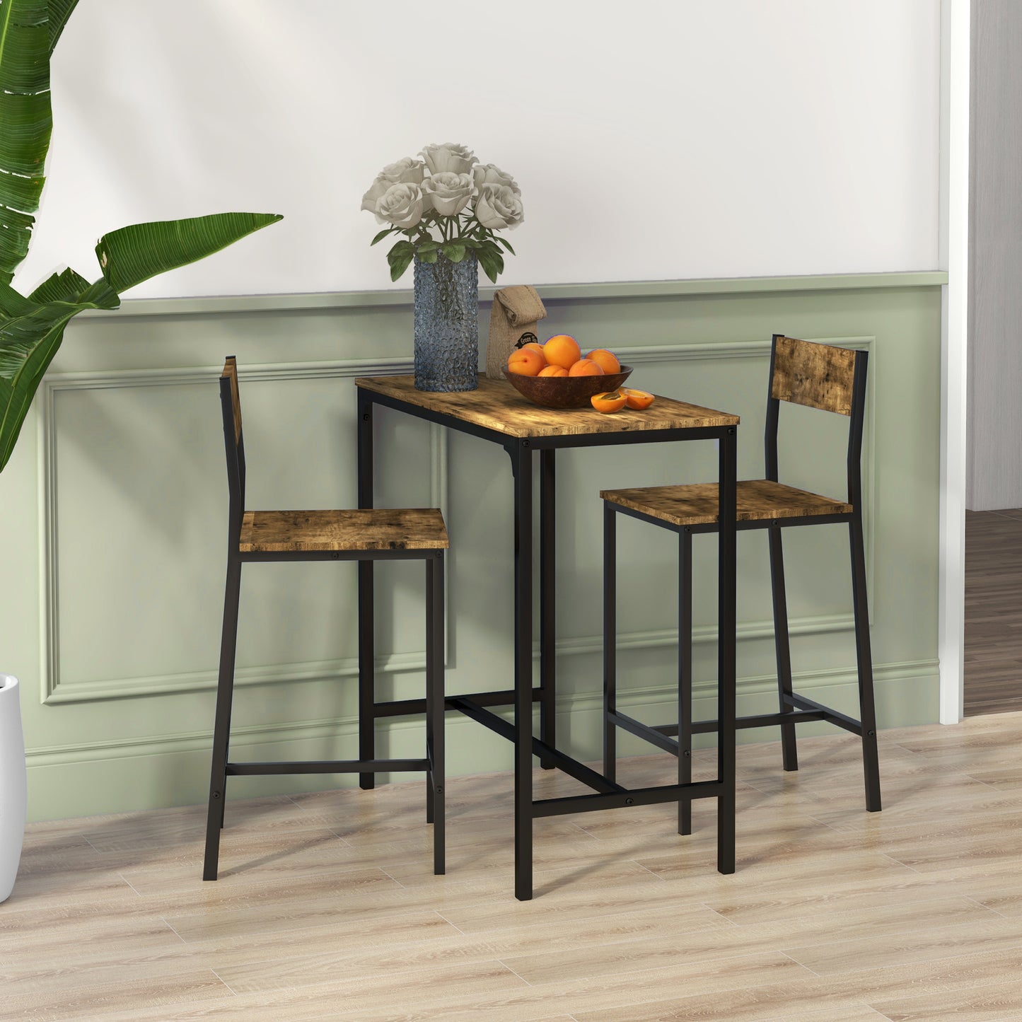Barkrukken – Barstoelen – Barstoelen Met Rugleuning – Keukenstoelen – Statafel – Metaal – Waterbestendig – 3-delige Barset Rustiek Bruin