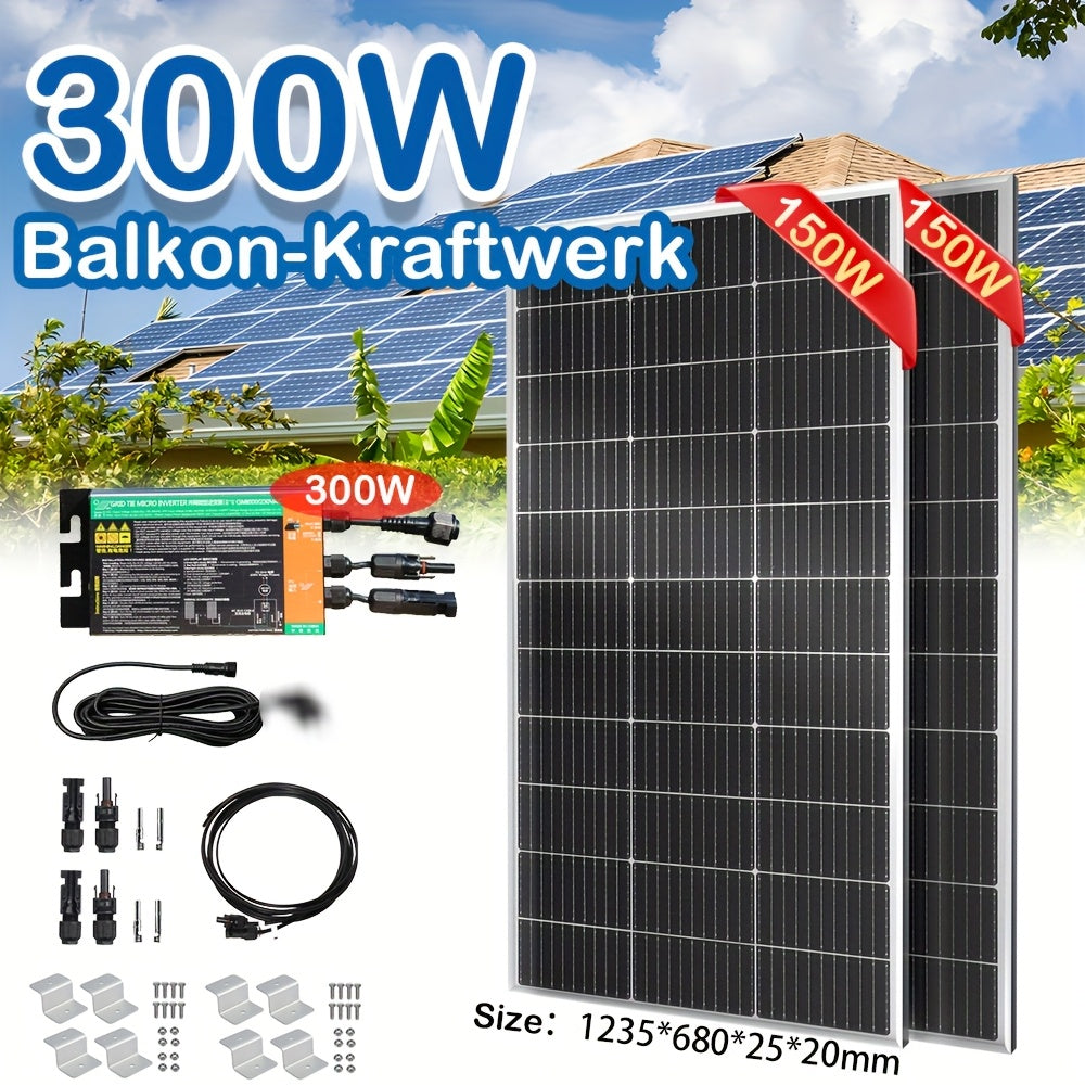 2pcs 150W Solar Panels + 300W Grid-connected Micro Inverter Kit 300W Balcony Power Station Photovoltaic Module, Home Photovoltaic Power Generation System Suitable For Roof Balcony