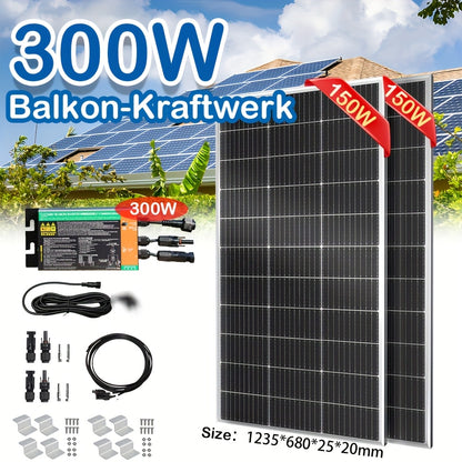 2pcs 150W Solar Panels + 300W Grid-connected Micro Inverter Kit 300W Balcony Power Station Photovoltaic Module, Home Photovoltaic Power Generation System Suitable For Roof Balcony