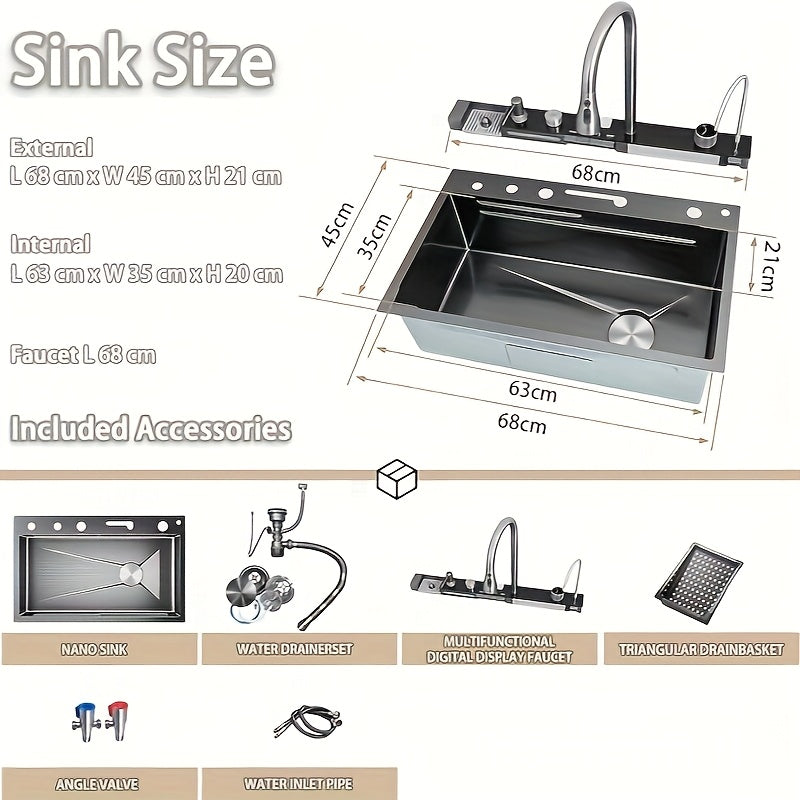 1 Set Digital Display Waterfall Sink Single Bowl kitchen Sinks, Stainless Steel Bar Sink With Pull Down Sprayhead Faucet, Smart Modern Kitchen Sink With Full Set Of Accessories, Gun Gray