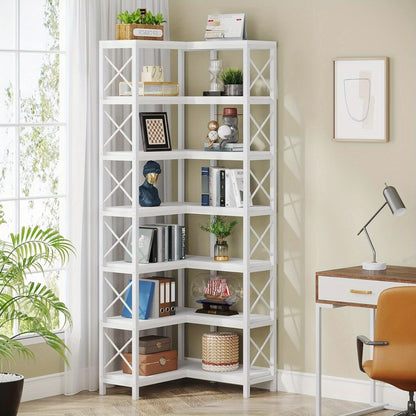 Hoekboekenkast – Hoekrek – Boekenplank – Opbergkast – Vakkenkast – Industrieel Design – 7-laags – Stevig Metalen Frame – Wit – 69 cm Hoog – Max. 22,68 kg Belastbaar Per Plank
