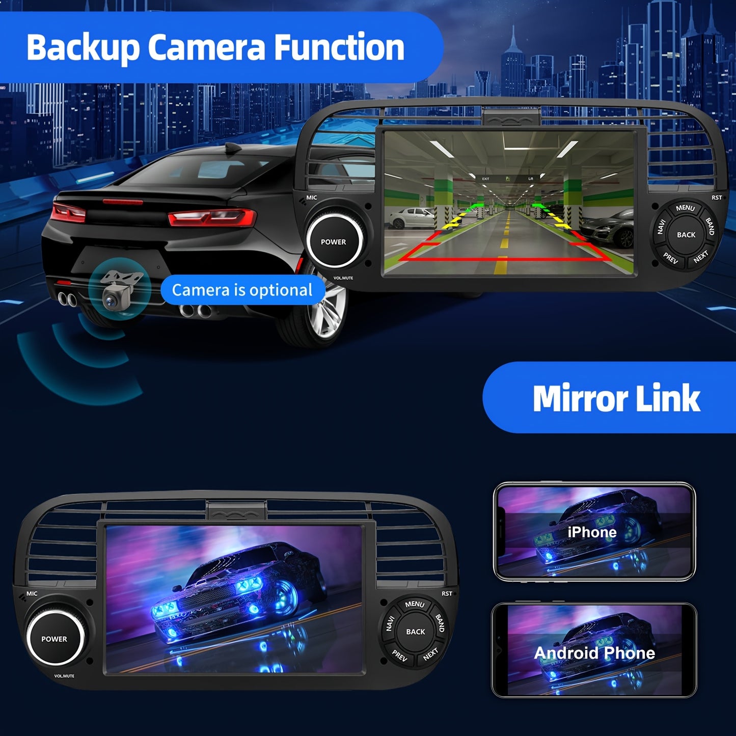 ESSGOO 4G+64G Auto Radio Android 14 Car Stereo Multimedia Player 2 DIN 7 inch/17.78cm HD Screen For Fiat 500 2007-2015 With Wireless Carplayer, Android Auto, WiFi FM RDS USB SWC CANBUS (AHD Camera&Microphone&DVR for optional)