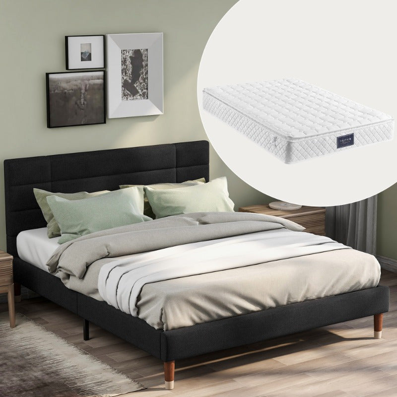 Tweepersoons Bedframe – Bedbodem – Boxspring – Bedframe Met Matras – Slaapbank – Zwart Linnen Gestoffeerd – 140x200 Cm – Inclusief Slatted Basis Met Donzen Kern Matras