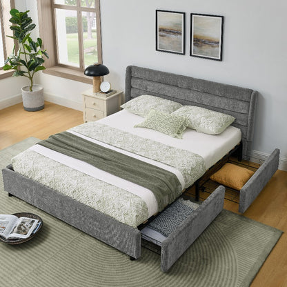 Ledikant – Bedframe – Slaapbank – Bedbank – Stalen Bed – 140x200 cm – Donkergrijs Chenille – 4 Grote Opbergladen – Eenvoudige Montage