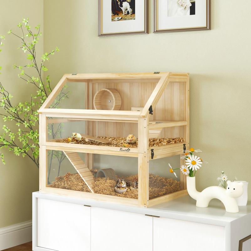 Knaagdierkooi – Hamsterkooi – Gerbilkooi – Muizenkooi – Chinchillakooi – 3-laags Houten Kooi – Ruim Met Loophelling – Natuurlijke Materialen – Goede Ventilatie