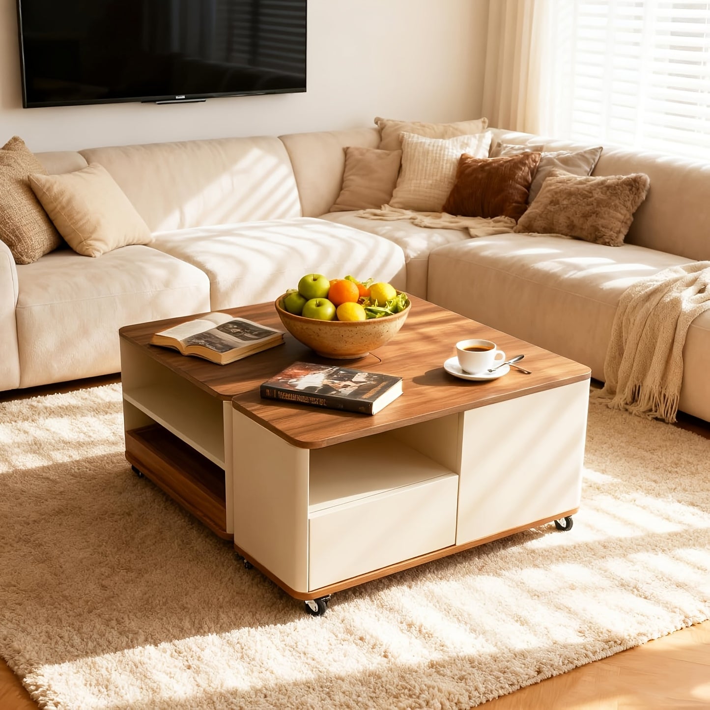 Salontafel – Woonkamertafel – Koffietafel – Bijzettafel – Tafeltje – Modern Bruin – Met Wieltjes & 2 Laden – Duurzaam Hout – Uitbreidbaar & Compact