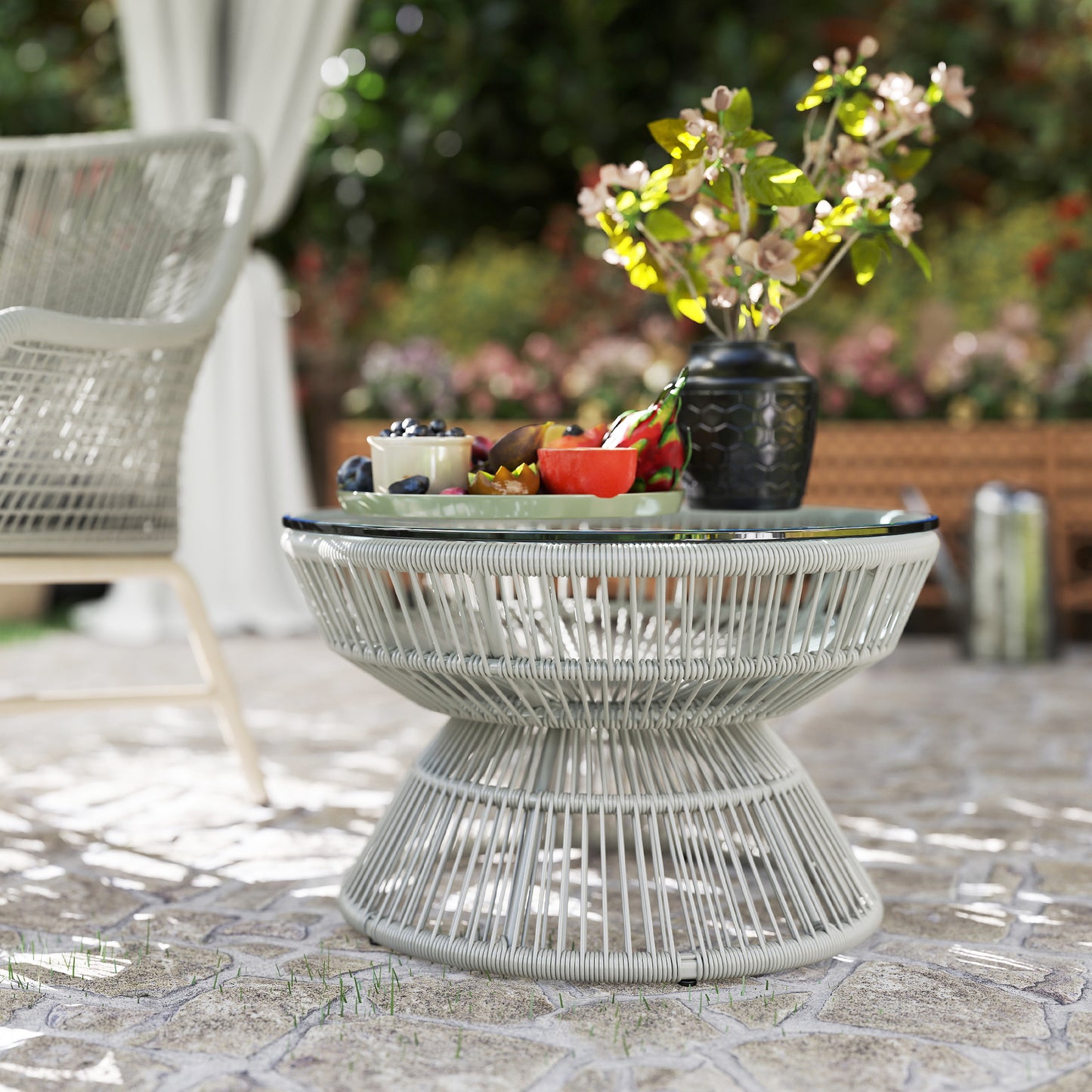 Buitentafel – Tuintafel – Bijzettafel – Sidetable – Koffietafel – Tempered Glas Blad – Verstelbare Hoogte – Weerbestendig Design – Lichtgrijs