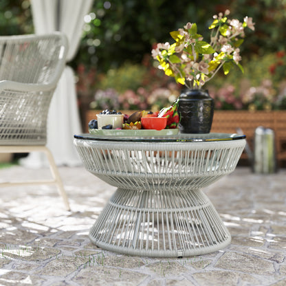 Buitentafel – Tuintafel – Bijzettafel – Sidetable – Koffietafel – Tempered Glas Blad – Verstelbare Hoogte – Weerbestendig Design – Lichtgrijs