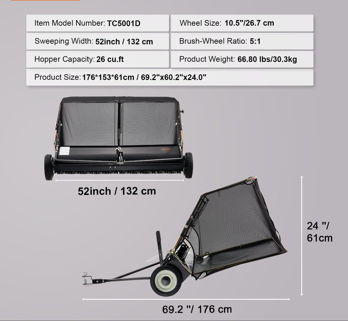 Aanhangwagen Bladveger – Bladzuiger – Bladverzamelaar – Tuinveger – Gazonschoonmaker – Verstelbare Roterende Borstel – 132 cm Werkbreedte – Zwarte Uitvoering