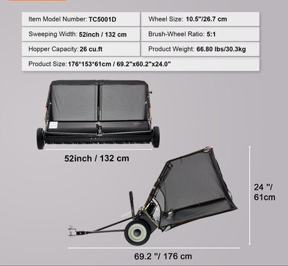 Aanhangwagen Bladveger – Bladzuiger – Bladverzamelaar – Tuinveger – Gazonschoonmaker – Verstelbare Roterende Borstel – 132 cm Werkbreedte – Zwarte Uitvoering