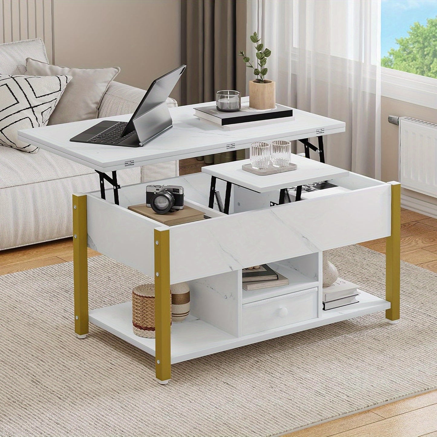 4-in-1 Verhoogbare Salontafel – Bijzettafel – Eettafel – Bureau – Opbergtafel – Wit – Verstelbaar Tafelblad – 2 Opberglades