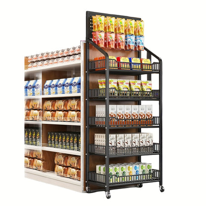 Metalen Displayrek – 5-laags Rek – Opbergrek – Winkelrek – Stellingkast – Zwart Metaal – Stevige Constructie – Vergrendelbare Zwenkwielen