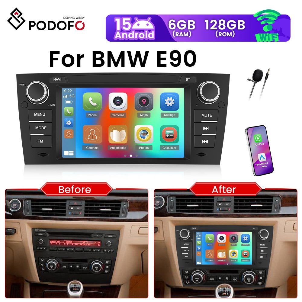 PODOFO [8Core 6G+128G] Android 15 7-inch for BMW 3 Series E90 2005-2012 Onwards, Wireless Carplay/ Android Auto, Android EQ AI DSP/ GPS/ WiFi/ B/ T5.0/ FM/ Mirror Link+Mic, Merry Christmas Gifts, Black Friday Gifts, Smart Car